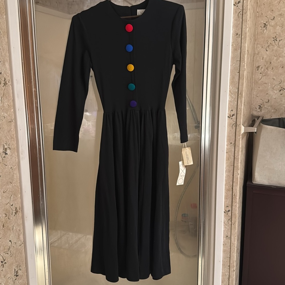 Vintage NWT Expo Womens Midi Dress Black Party Colorful Buttons 1980's Size: 8 M